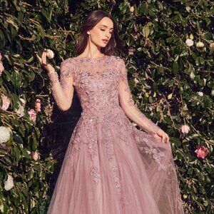 NEW A-LINE TULLE BALL GOWN W/ ILLUSION HIGH NECKLINE & LONG SLEEVES CD MA108